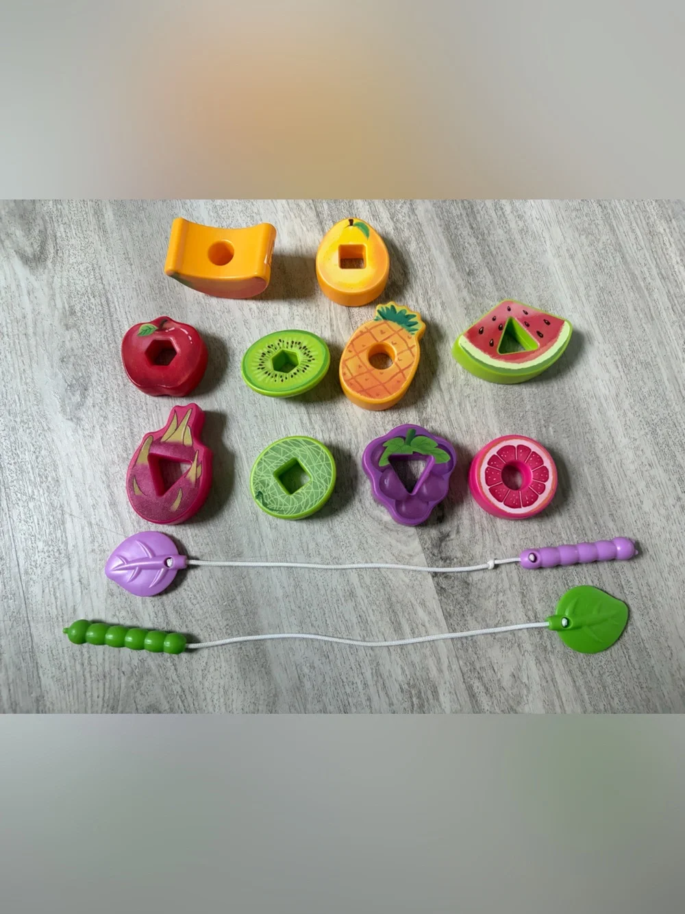 Preschool learning toy - threading, shapes, fruit